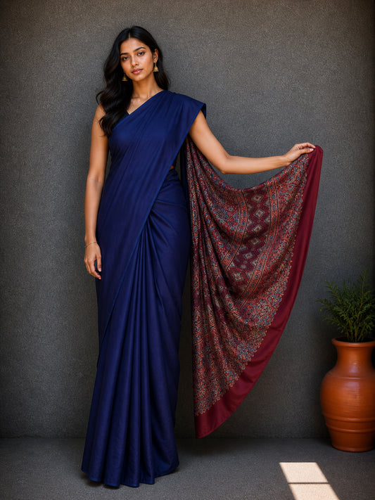 Plain Dyeing Modal Silk Natural Dye Ajrakh Pallu Hand Block Print Saree with Blouse Piece - 5.5 Mtr Length    -  SKU : 0050-BLMR