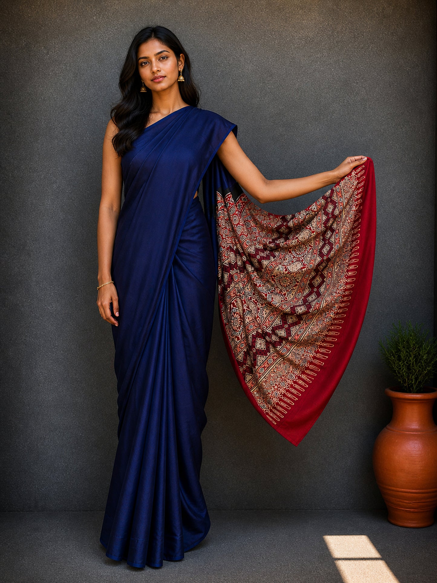 Plain Dyeing Modal Silk Natural Dye Ajrakh Pallu Hand Block Print Saree with Blouse Piece     -  SKU : 0050