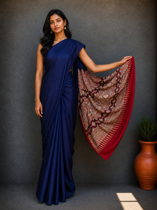 Plain Dyeing Modal Silk Natural Dye Ajrakh Pallu Hand Block Print Saree with Blouse Piece     -  SKU : 0050