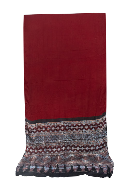 Plain Dyeing Modal Silk Natural Dye Ajrakh Pallu Hand Block Print Saree with Blouse Piece     -  SKU : 0050