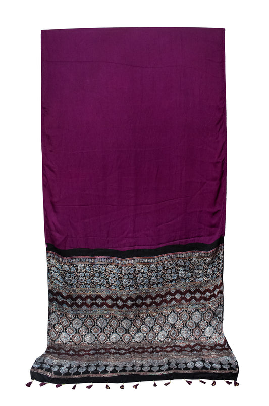 Plain Dyeing Modal Silk Natural Dye Ajrakh Pallu Hand Block Print Saree with Blouse Piece     -  SKU : 0050