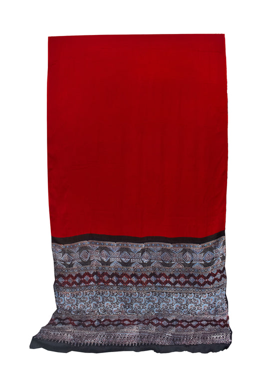 Plain Dyeing Modal Silk Natural Dye Ajrakh Pallu Hand Block Print Saree with Blouse Piece     -  SKU : 0050