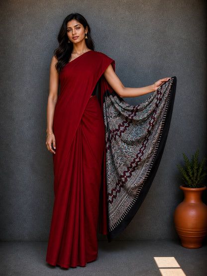 Plain Dyeing Modal Silk Natural Dye Ajrakh Pallu Hand Block Print Saree with Blouse Piece     -  SKU : 0050