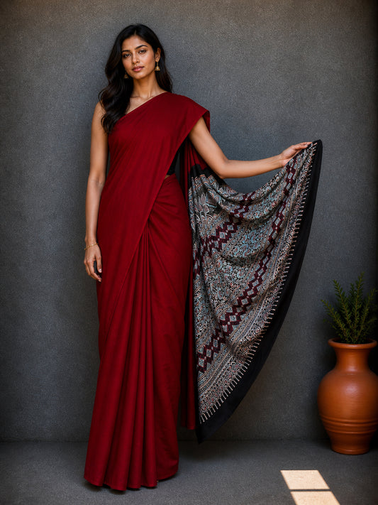 Plain Dyeing Modal Silk Natural Dye Ajrakh Pallu Hand Block Print Saree with Blouse Piece     -  SKU : 0050