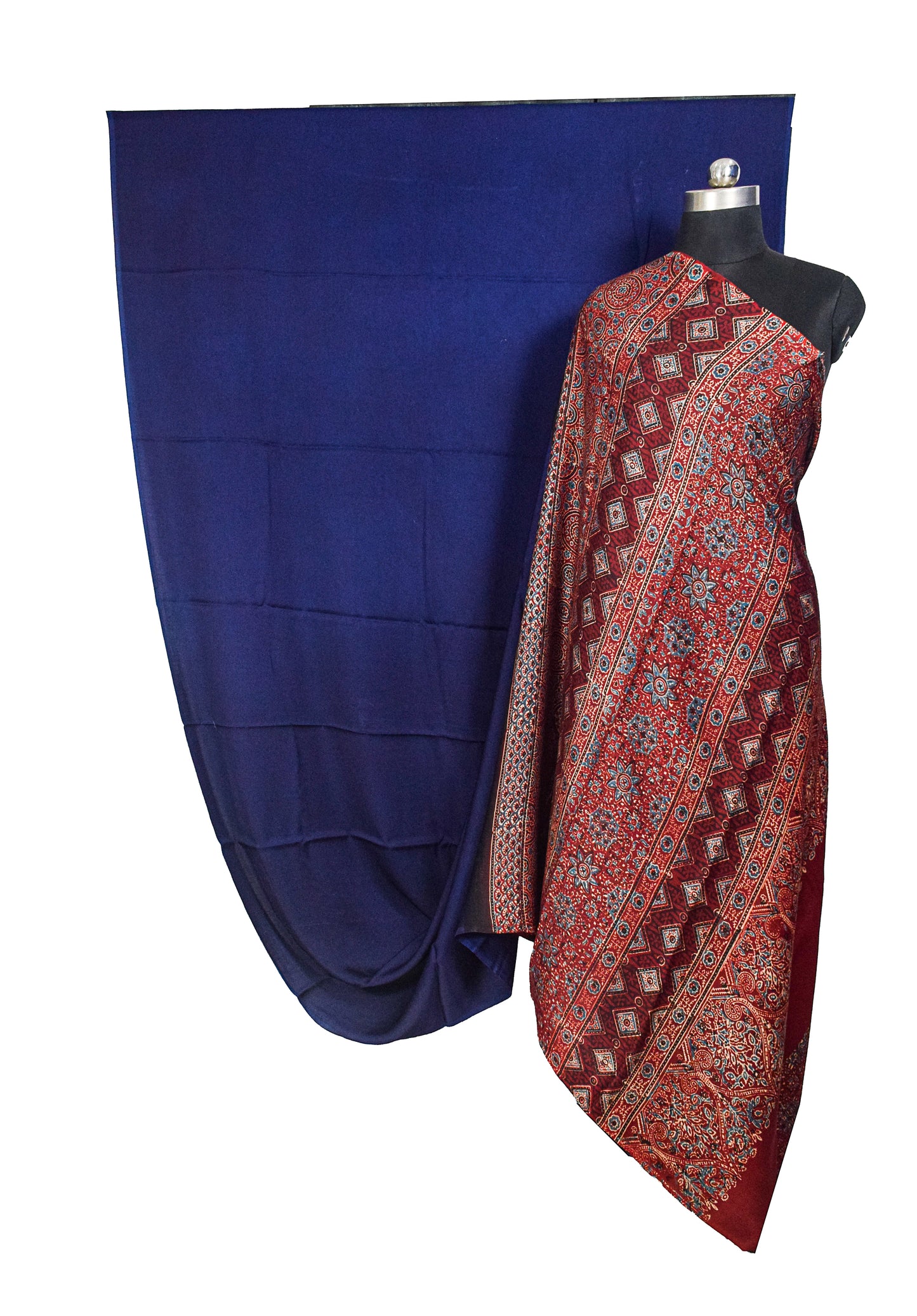 Plain Dyeing Modal Silk Natural Dye Ajrakh Pallu Hand Block Print Saree with Blouse Piece - 5.5 Mtr Length    -  SKU : 0050-RYRE