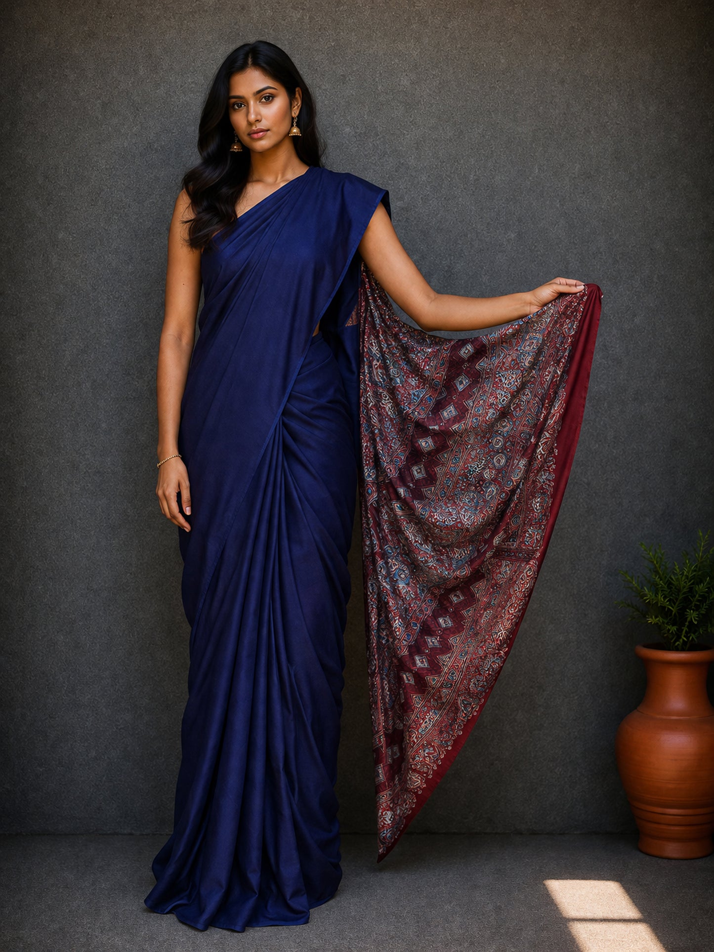 Plain Dyeing Modal Silk Natural Dye Ajrakh Pallu Hand Block Print Saree with Blouse Piece - 5.5 Mtr Length    -  SKU : 0050-RYRE