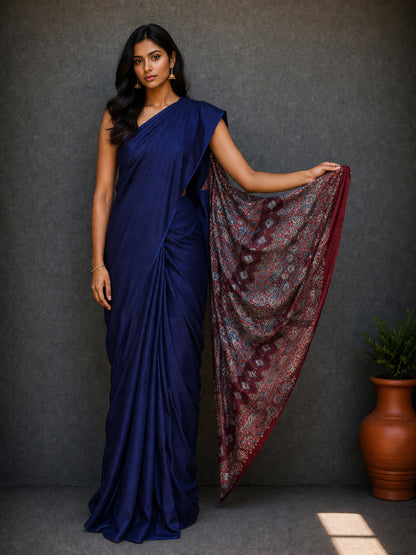 Plain Dyeing Modal Silk Natural Dye Ajrakh Pallu Hand Block Print Saree with Blouse Piece - 5.5 Mtr Length    -  SKU : 0050-RYRE