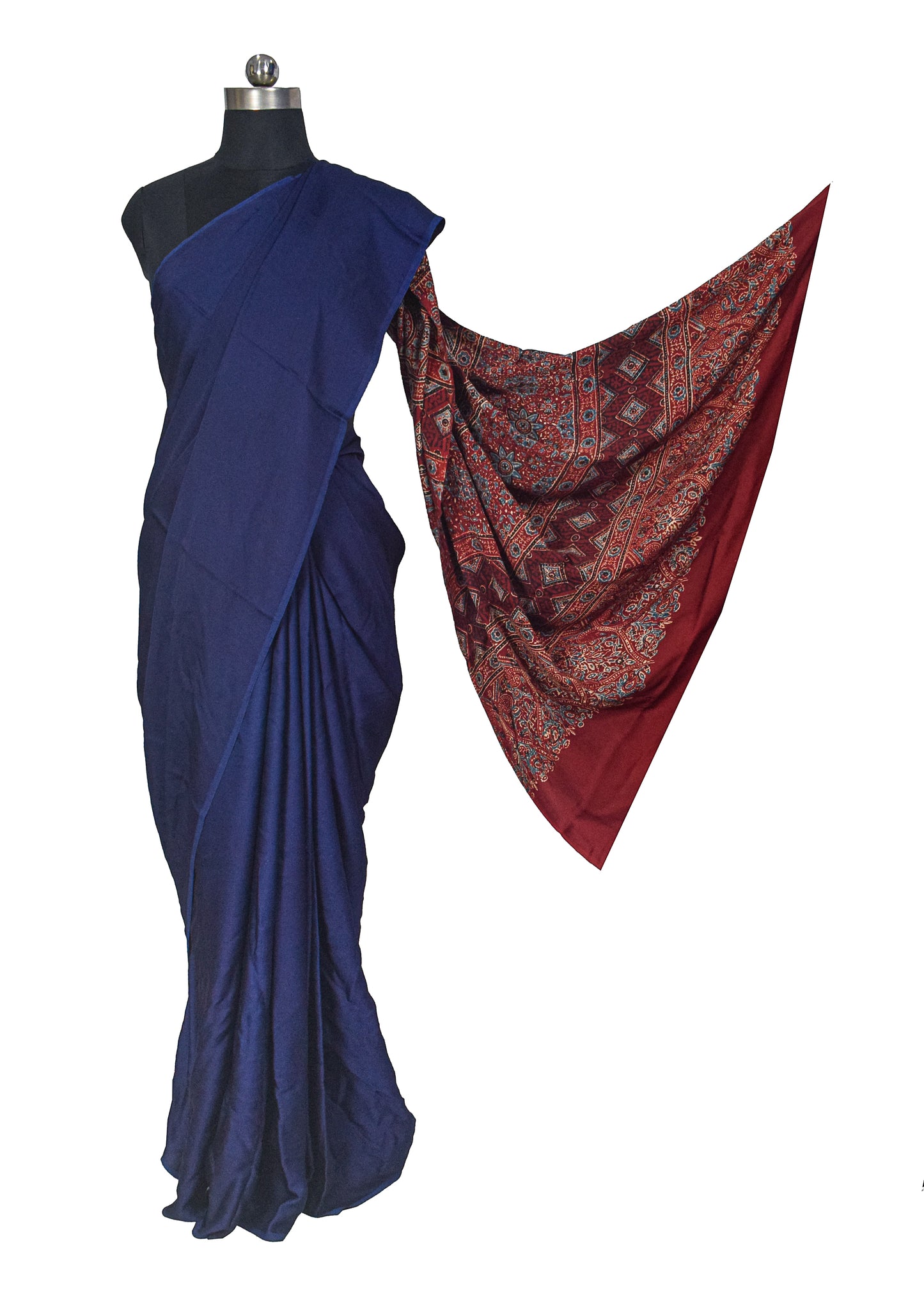 Plain Dyeing Modal Silk Natural Dye Ajrakh Pallu Hand Block Print Saree with Blouse Piece - 5.5 Mtr Length    -  SKU : 0050-RYRE