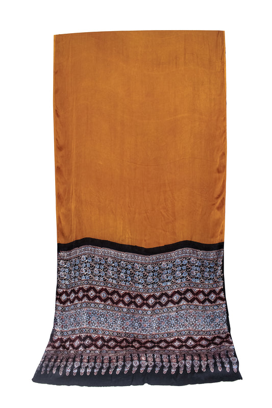 Plain Dyeing Modal Silk Natural Dye Ajrakh Pallu Hand Block Print Saree with Blouse Piece     -  SKU : 0050