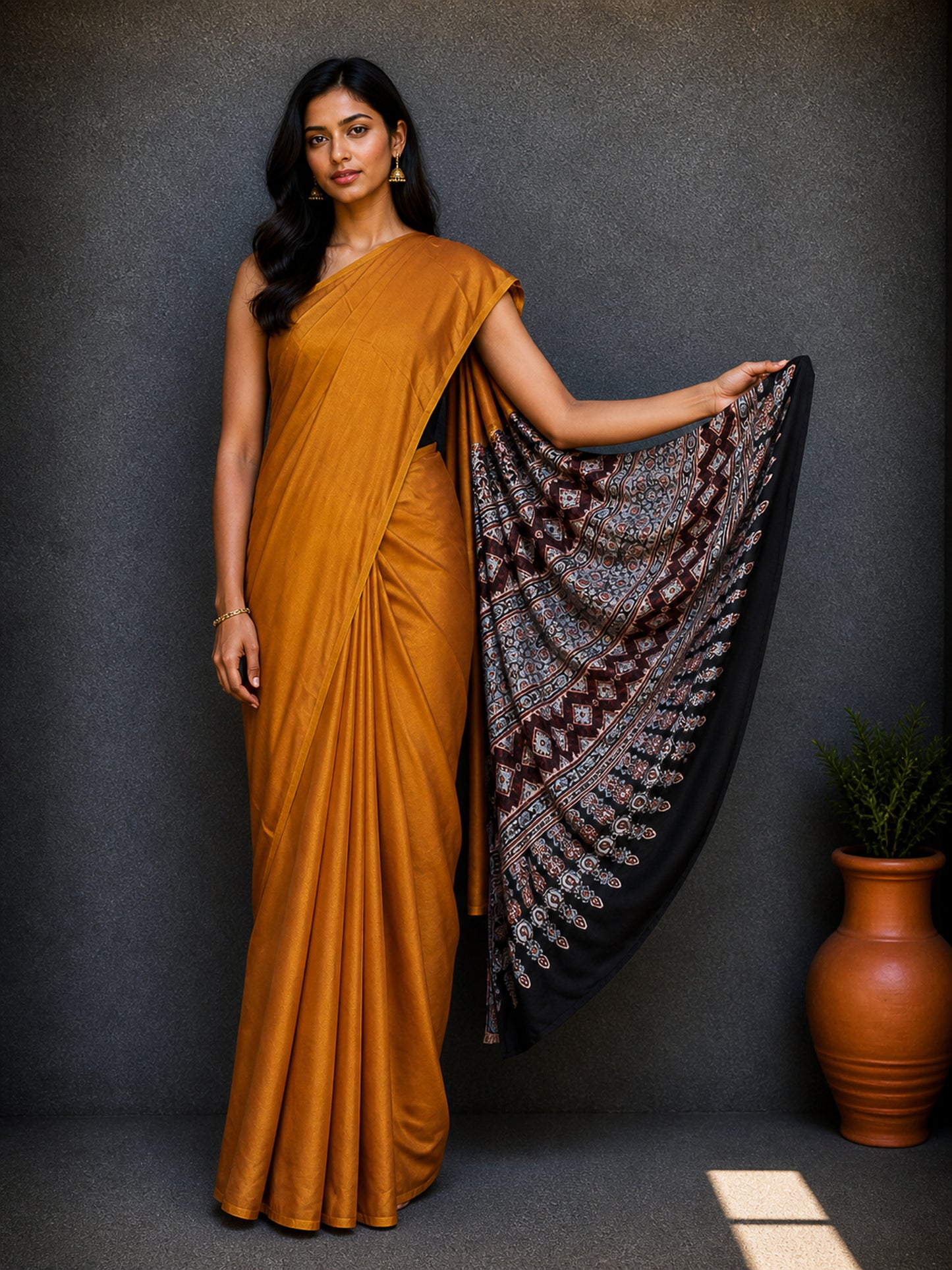 Plain Dyeing Modal Silk Natural Dye Ajrakh Pallu Hand Block Print Saree with Blouse Piece     -  SKU : 0050