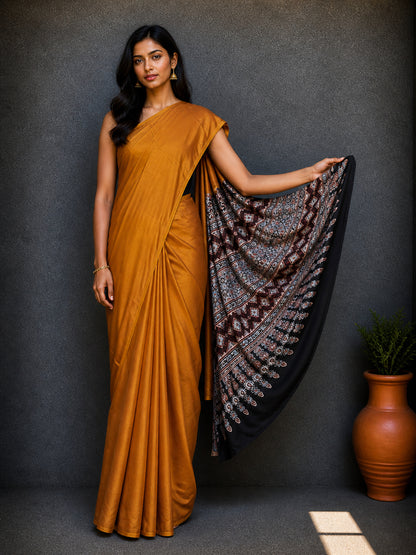 Plain Dyeing Modal Silk Natural Dye Ajrakh Pallu Hand Block Print Saree with Blouse Piece     -  SKU : 0050