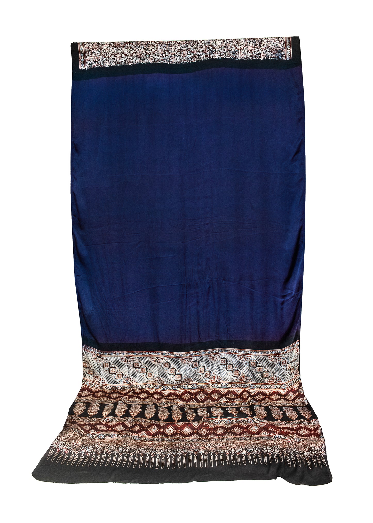 Ajrakh Modal Silk Part Natural Dye Half Plain Hand Printed Saree with Blouse Piece - 5.5 Mtr Length    -  SKU : 0051-NBBK