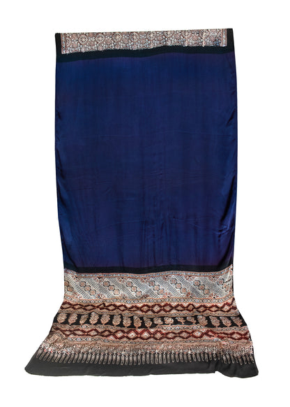 Ajrakh Modal Silk Part Natural Dye Half Plain Hand Printed Saree with Blouse Piece - 5.5 Mtr Length    -  SKU : 0051-NBBK