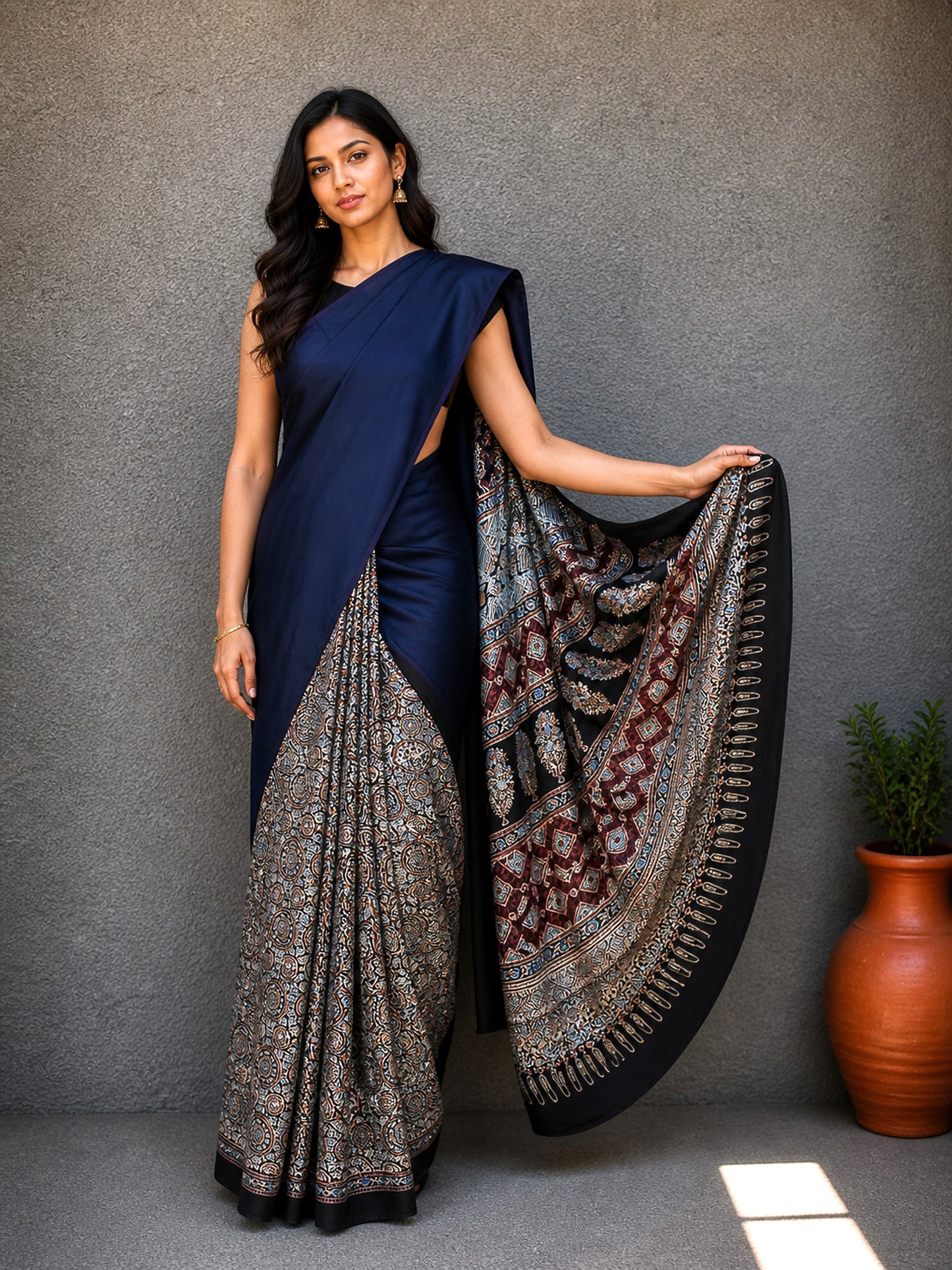 Ajrakh Modal Silk Part Natural Dye Half Plain Hand Printed Saree with Blouse Piece - 5.5 Mtr Length    -  SKU : 0051-NBBK