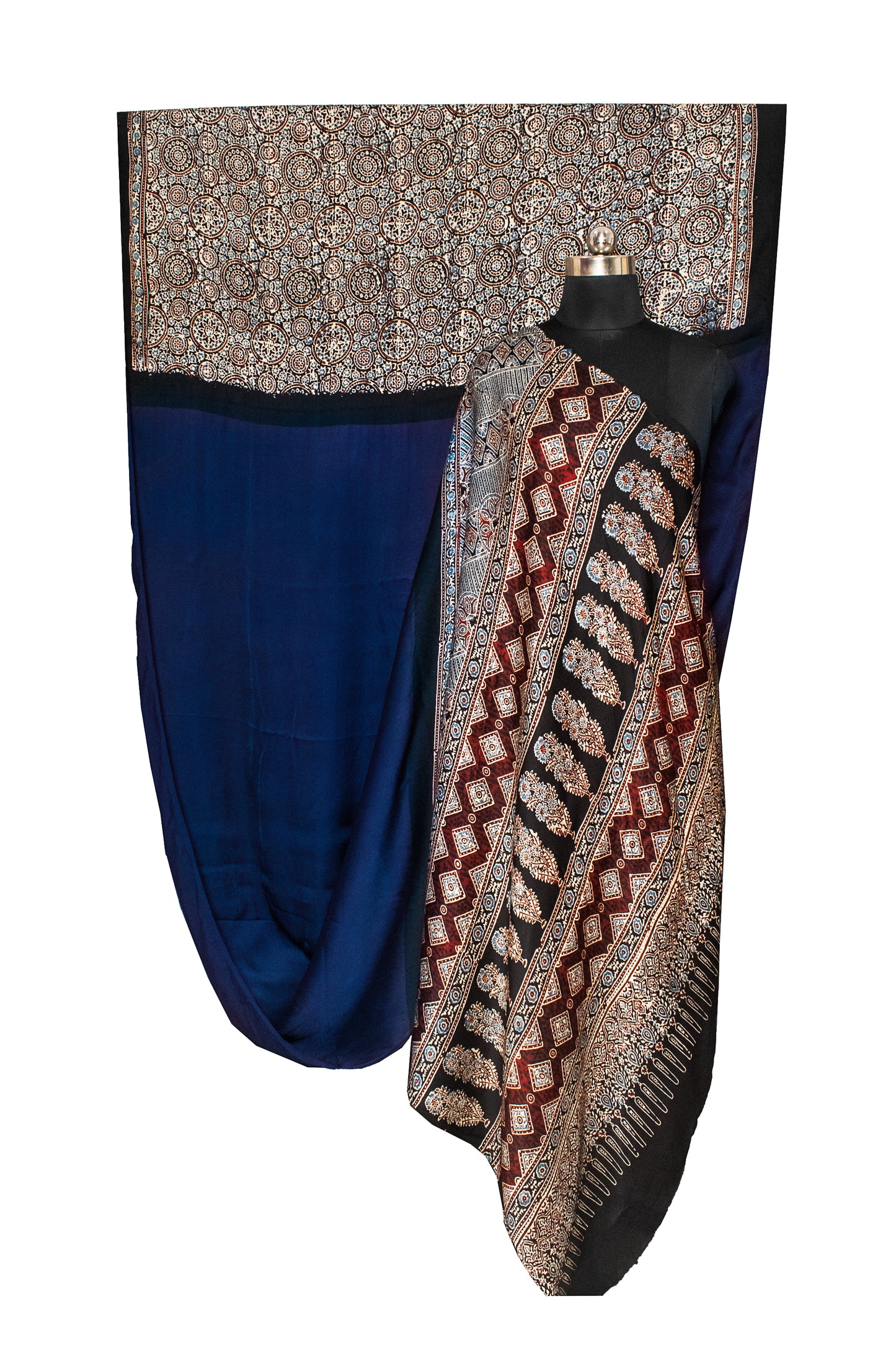 Ajrakh Modal Silk Part Natural Dye Half Plain Hand Printed Saree with Blouse Piece - 5.5 Mtr Length    -  SKU : 0051-NBBK