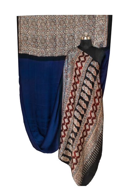 Ajrakh Modal Silk Part Natural Dye Half Plain Hand Printed Saree with Blouse Piece - 5.5 Mtr Length    -  SKU : 0051-NBBK