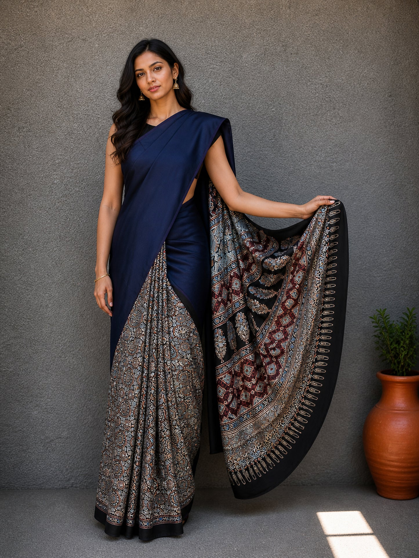 Ajrakh Modal Silk Part Natural Dye Half Plain Hand Printed Saree with Blouse Piece - 5.5 Mtr Length    -  SKU : 0051-NBBK