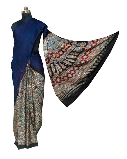Ajrakh Modal Silk Part Natural Dye Half Plain Hand Printed Saree with Blouse Piece - 5.5 Mtr Length    -  SKU : 0051-NBBK