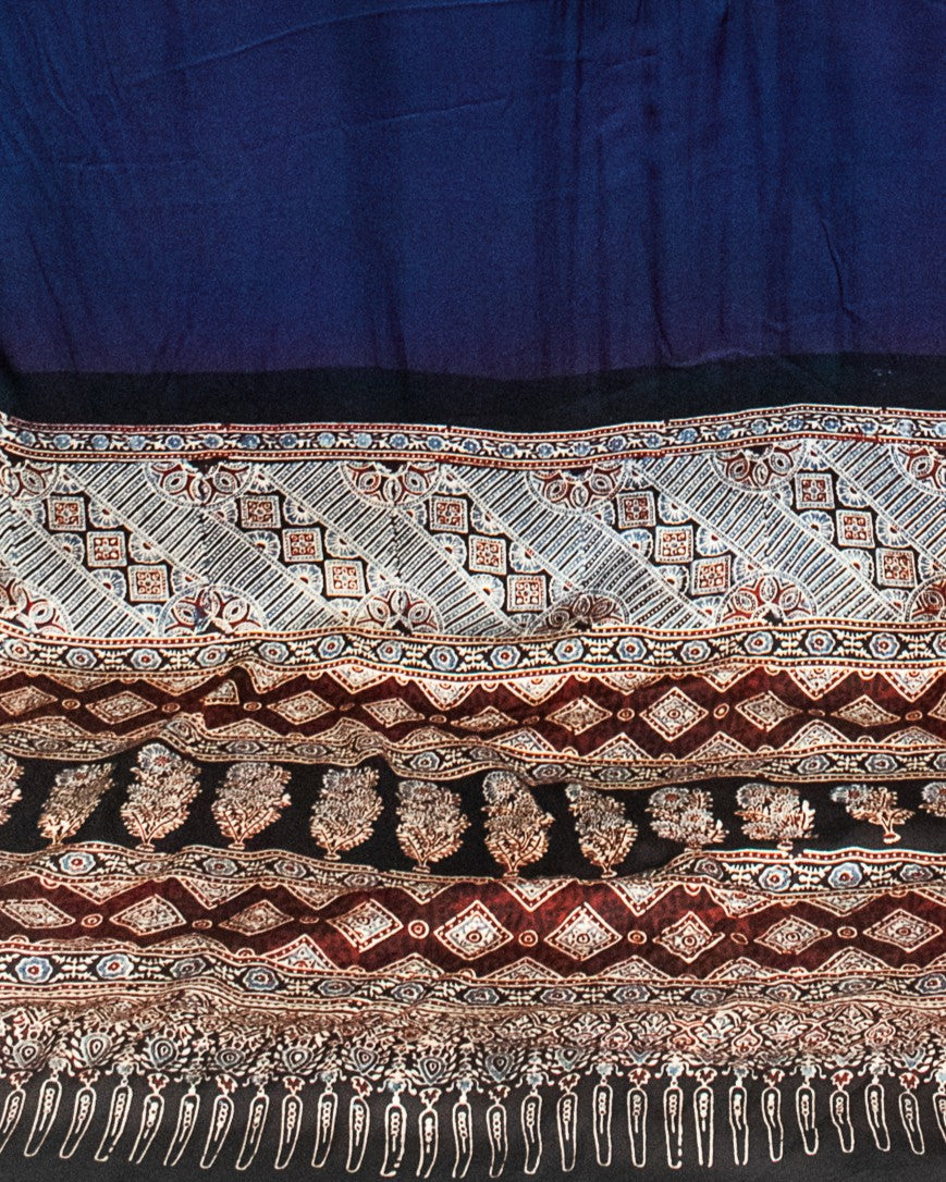 Ajrakh Modal Silk Part Natural Dye Half Plain Hand Printed Saree with Blouse Piece - 5.5 Mtr Length    -  SKU : 0051-NBBK
