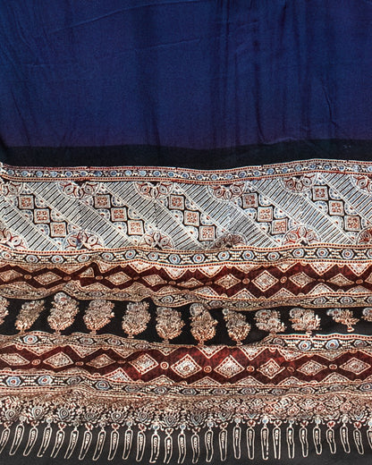 Ajrakh Modal Silk Part Natural Dye Half Plain Hand Printed Saree with Blouse Piece - 5.5 Mtr Length    -  SKU : 0051-NBBK