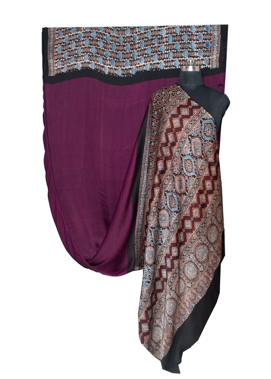 Ajrakh Modal Silk Part Natural Dye Half Plain Hand Block Print Saree with Blouse Piece - SKU : 0051