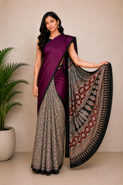 Ajrakh Modal Silk Part Natural Dye Half Plain Hand Block Print Saree with Blouse Piece     -  SKU : 0051