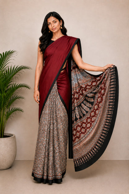 Ajrakh Modal Silk Part Natural Dye Half Plain Hand Block Print Saree with Blouse Piece     -  SKU : 0051