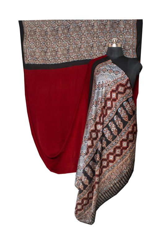 Ajrakh Modal Silk Part Natural Dye Half Plain Hand Block Print Saree with Blouse Piece     -  SKU : 0051