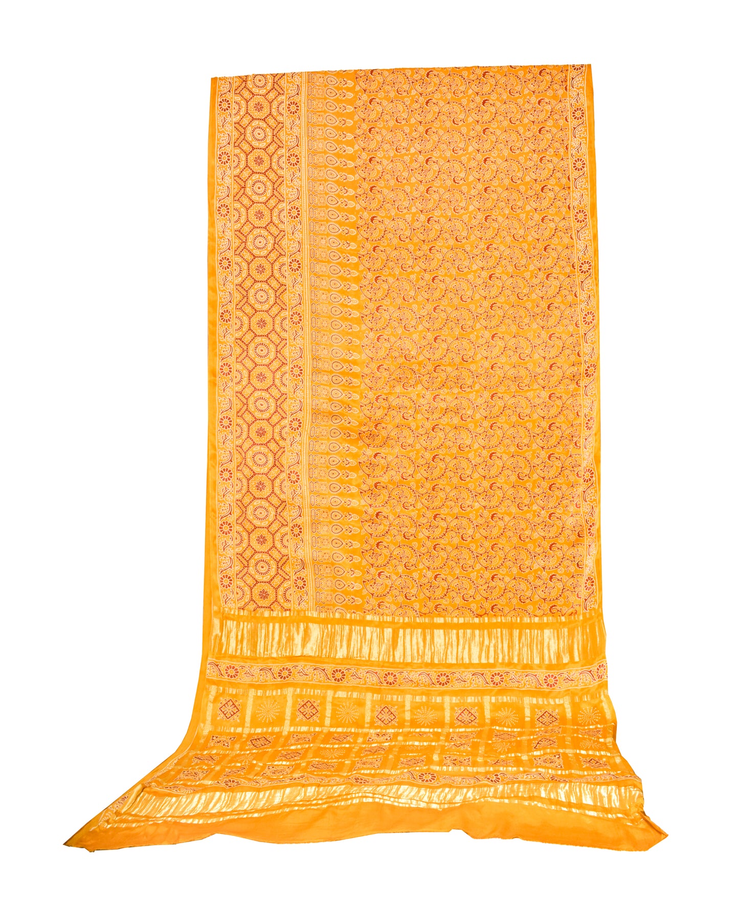 Ajrakh Modal Silk Nepthol Dye Gharchola Design Hand Block Print Saree   with Golden Border  - With Blouse Piece - 6 Mtr Length    -  SKU : KK11A01E