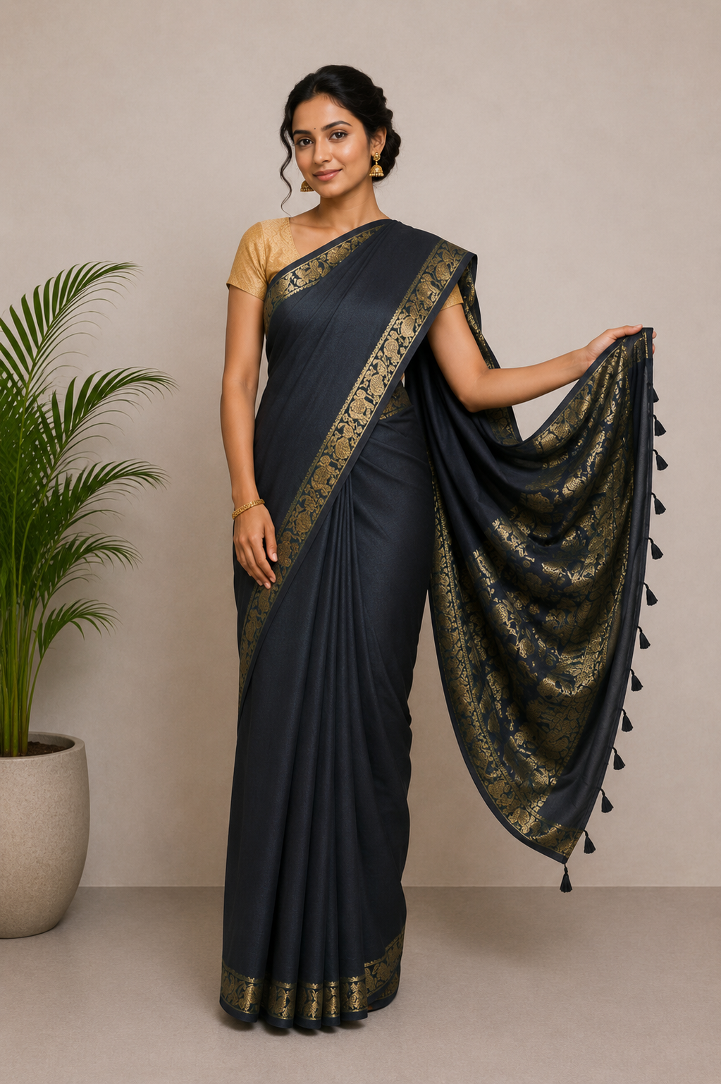 Plain Dyeing Modal Silk With Full Nakshi Border Saree with Tassels - With Blouse Piece - 5.5 Mtr Length    -  SKU : AI27A02G