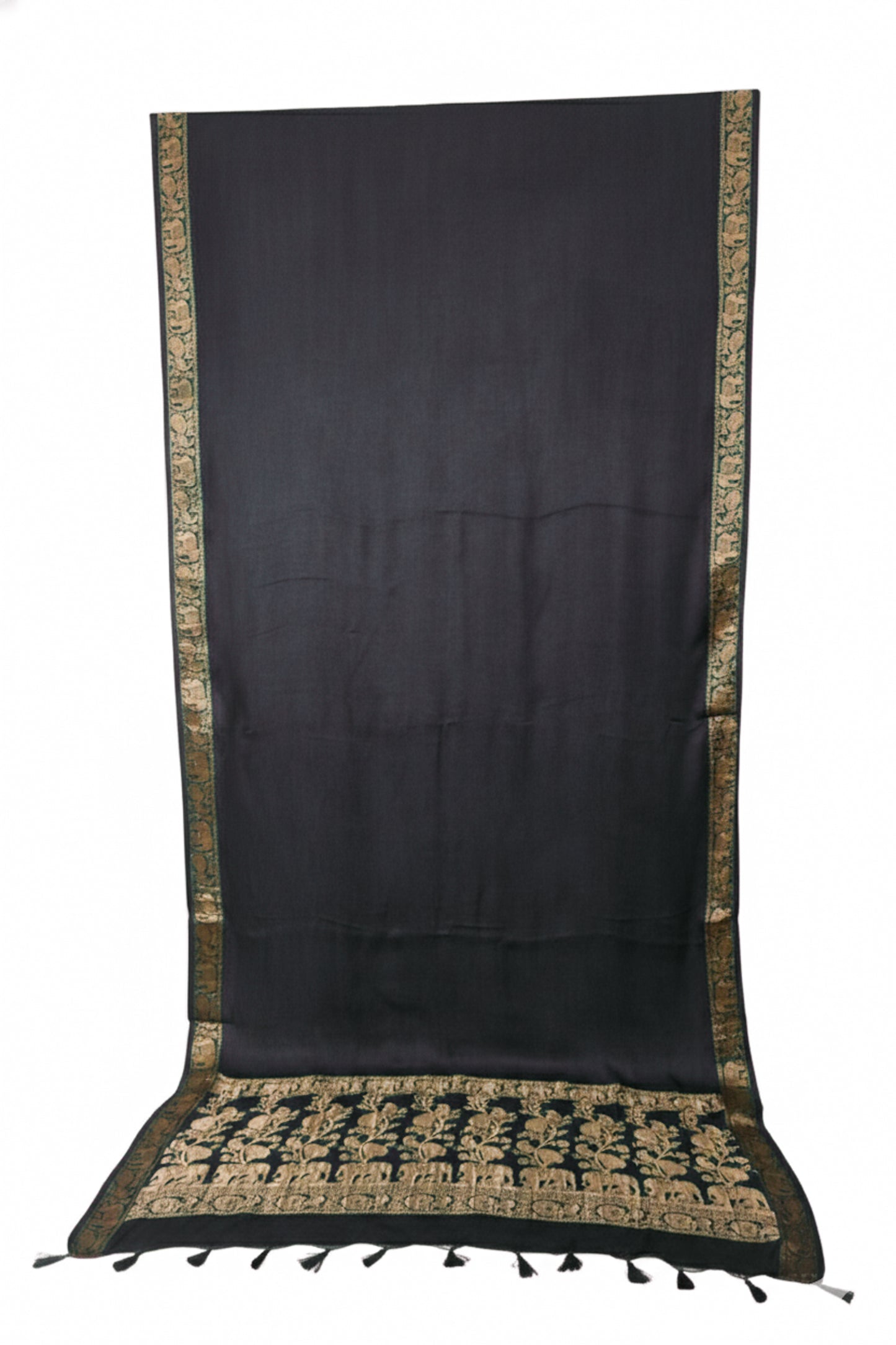Plain Dyeing Modal Silk With Full Nakshi Border Saree with Tassels - With Blouse Piece - 5.5 Mtr Length    -  SKU : AI27A02G