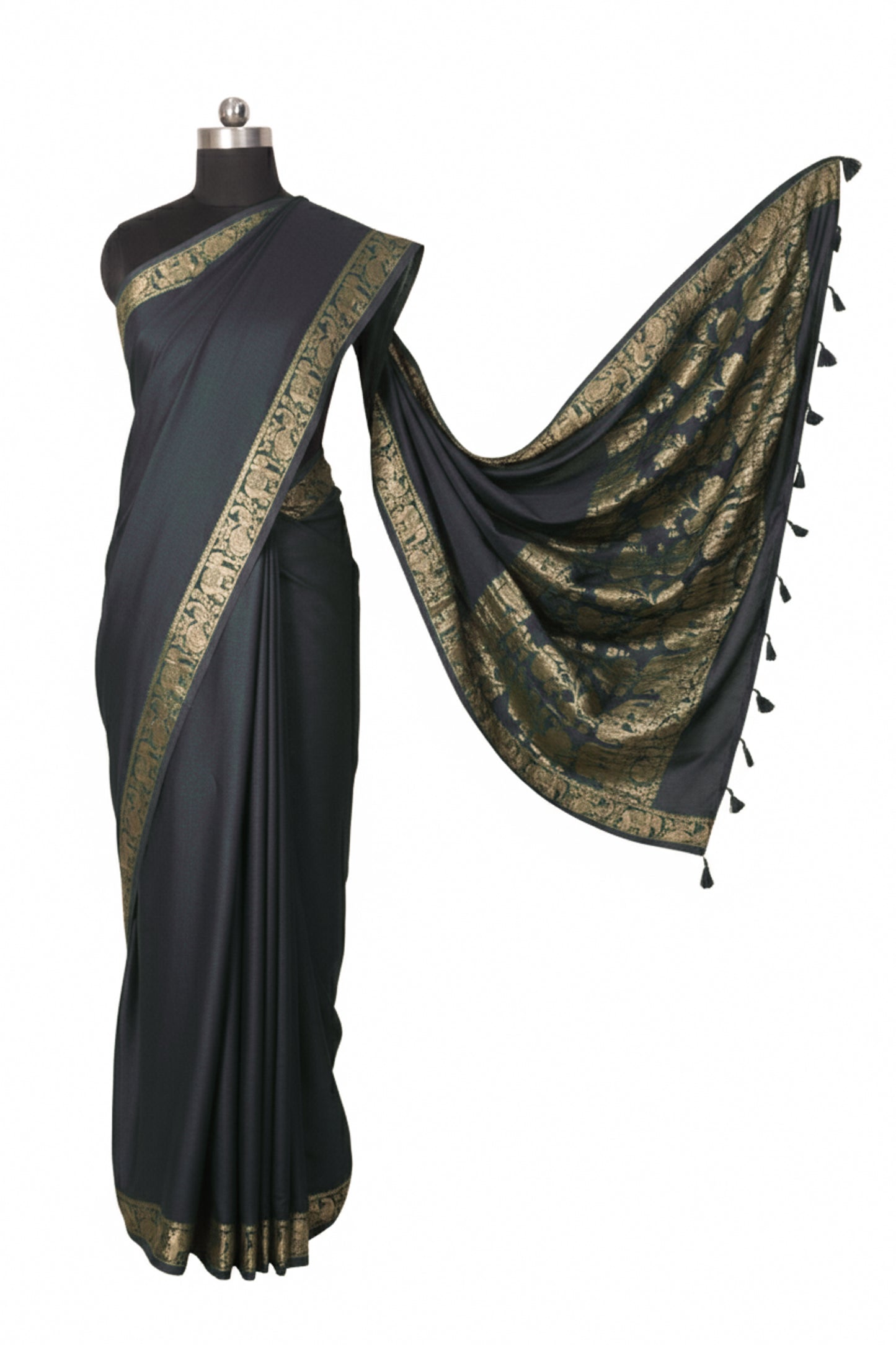 Plain Dyeing Modal Silk With Full Nakshi Border Saree with Tassels - With Blouse Piece - 5.5 Mtr Length    -  SKU : AI27A02G