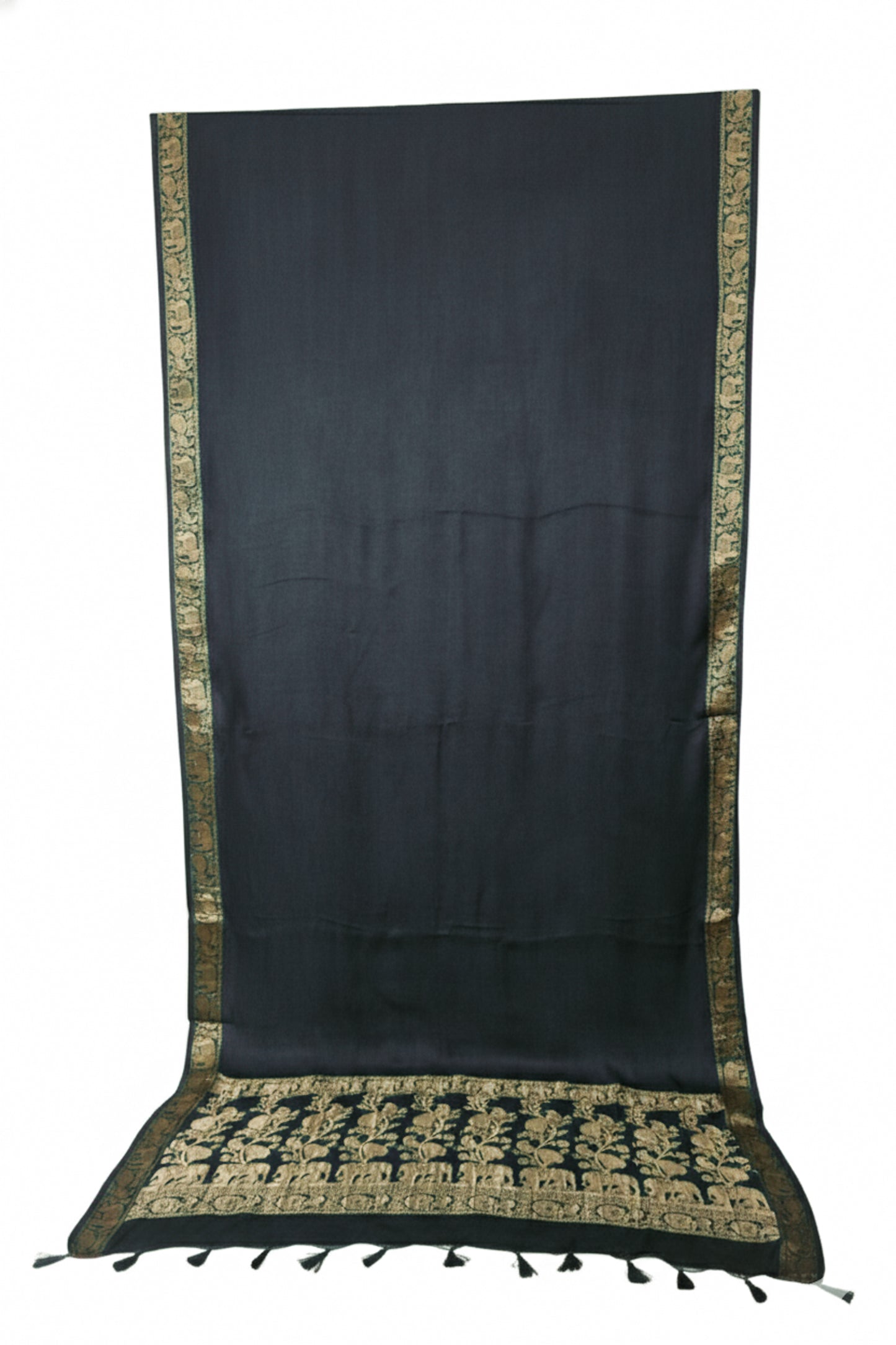 Plain Dyeing Modal Silk With Full Nakshi Border Saree with Tassels - With Blouse Piece - 5.5 Mtr Length    -  SKU : AI27A02E