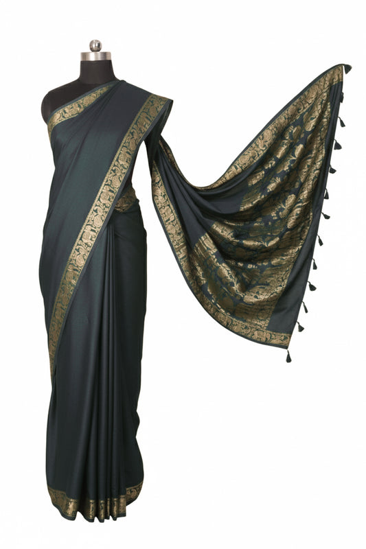 Plain Dyeing Modal Silk With Full Nakshi Border Saree with Tassels - With Blouse Piece - 5.5 Mtr Length    -  SKU : AI27A02E
