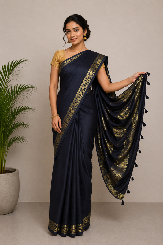 Plain Dyeing Modal Silk With Full Nakshi Border Saree with Tassels - With Blouse Piece - 5.5 Mtr Length    -  SKU : AI27A02L