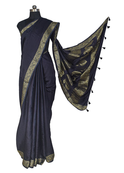 Plain Dyeing Modal Silk With Full Nakshi Border Saree with Tassels - With Blouse Piece - 5.5 Mtr Length    -  SKU : AI27A02L