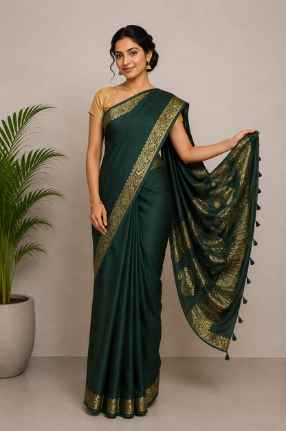 Plain Dyeing Modal Silk With Full Nakshi Border Saree with Tassels - With Blouse Piece - 5.5 Mtr Length    -  SKU : AI27A02B