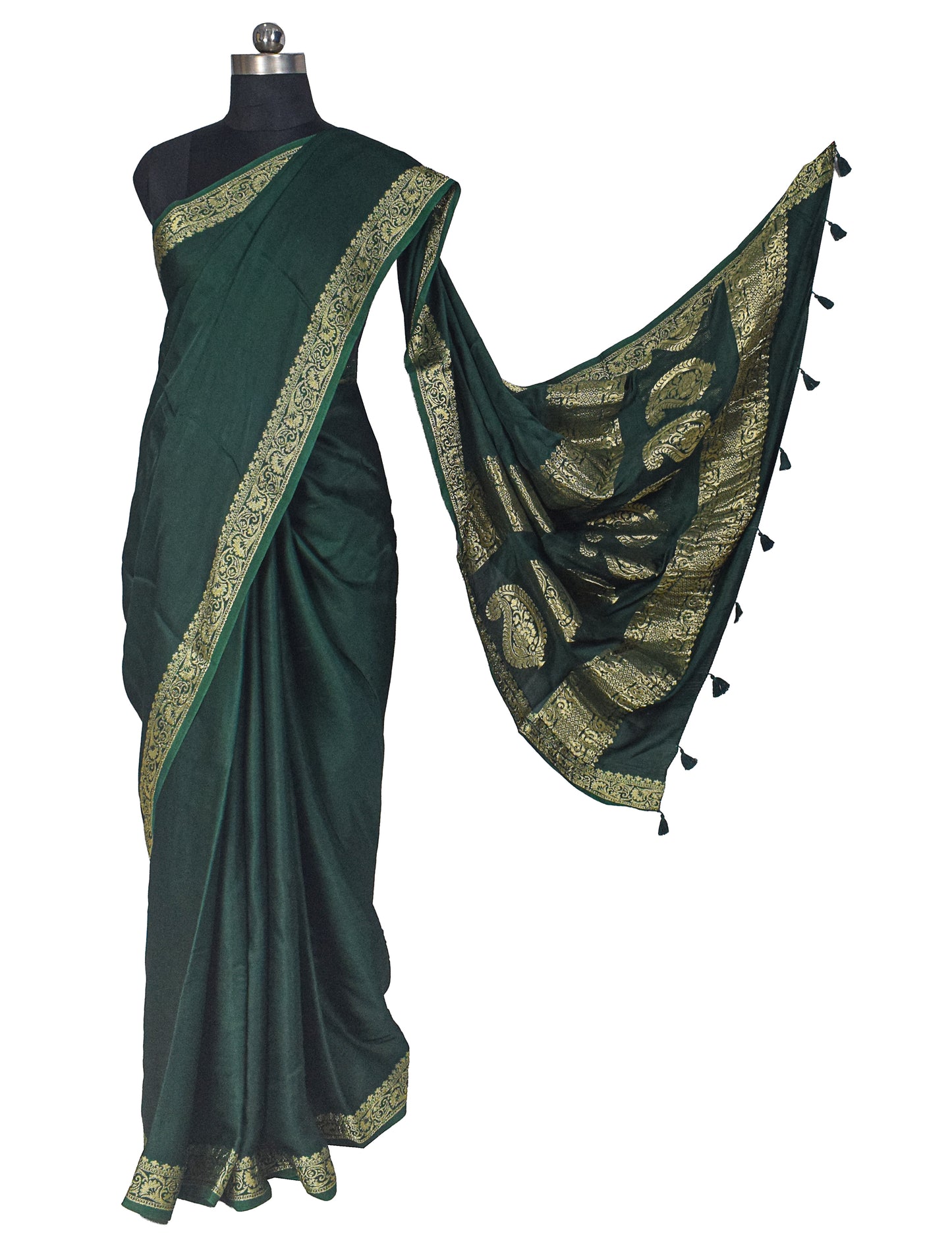 Plain Dyeing Modal Silk With Full Nakshi Border Saree with Tassels - With Blouse Piece - 5.5 Mtr Length    -  SKU : AI27A02B