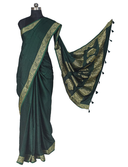 Plain Dyeing Modal Silk With Full Nakshi Border Saree with Tassels - With Blouse Piece - 5.5 Mtr Length    -  SKU : AI27A02B
