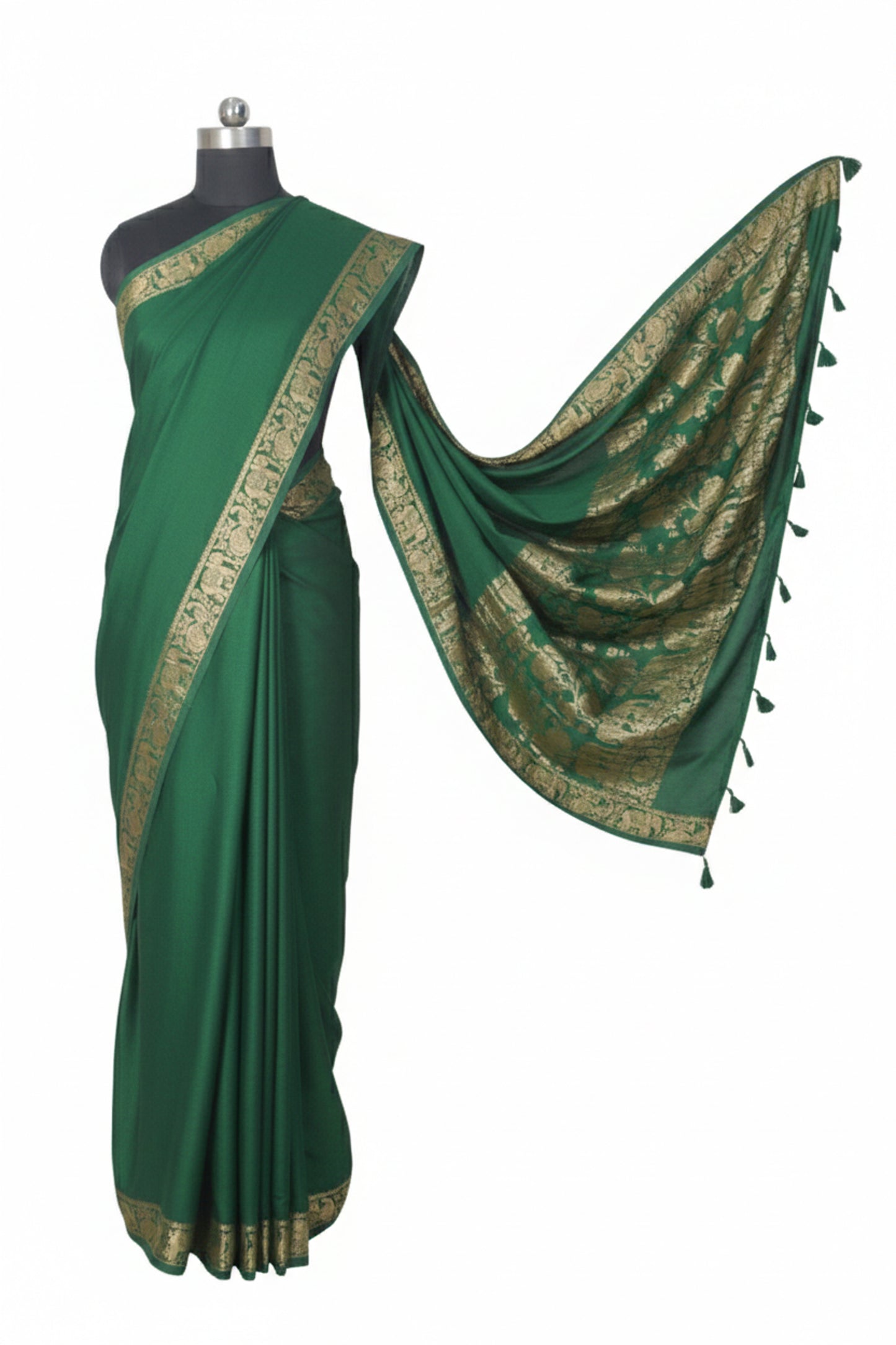 Plain Dyeing Modal Silk With Full Nakshi Border Saree with Tassels - With Blouse Piece - 5.5 Mtr Length    -  SKU : AI27A02K