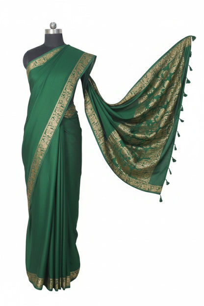 Plain Dyeing Modal Silk With Full Nakshi Border Saree with Tassels - With Blouse Piece - 5.5 Mtr Length    -  SKU : AI27A02K