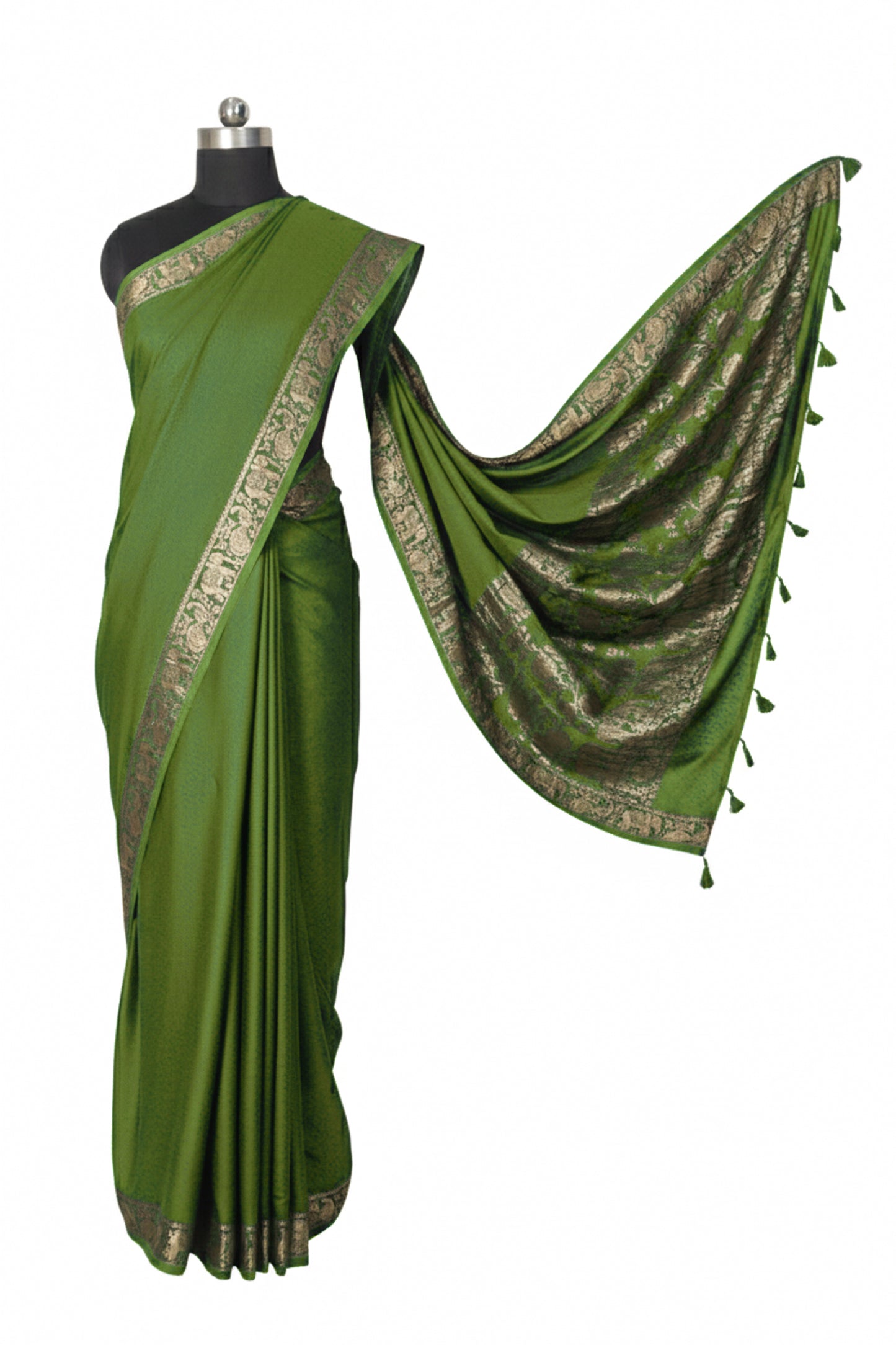 Plain Dyeing Modal Silk With Full Nakshi Border Saree with Tassels - With Blouse Piece - 5.5 Mtr Length    -  SKU : AI27A02F