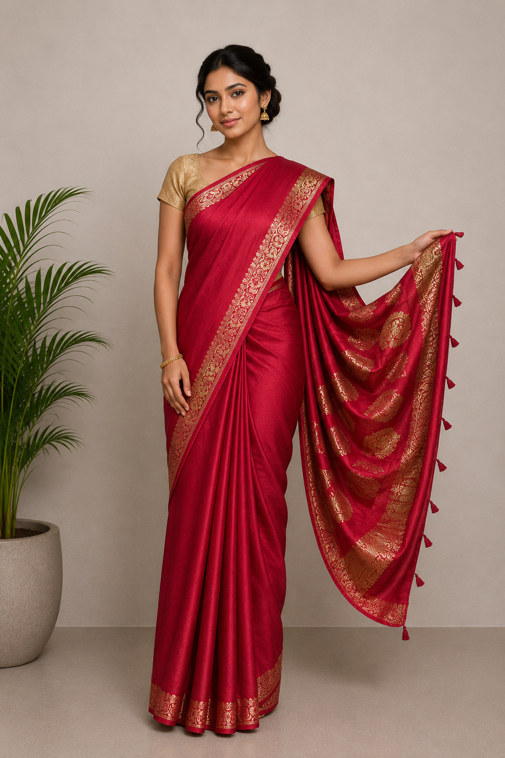 Plain Dyeing Modal Silk With Full Nakshi Border Saree with Tassels - With Blouse Piece - 5.5 Mtr Length    -  SKU : AI27A02H