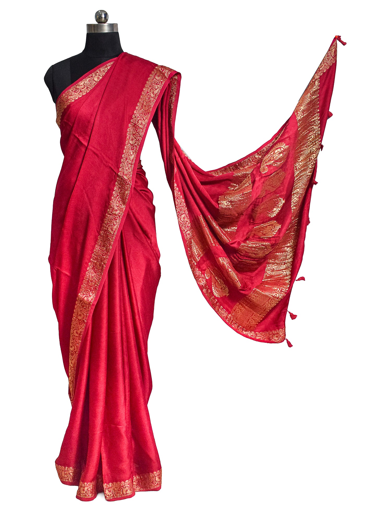 Plain Dyeing Modal Silk With Full Nakshi Border Saree with Tassels - With Blouse Piece - 5.5 Mtr Length    -  SKU : AI27A02H