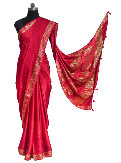 Plain Dyeing Modal Silk With Full Nakshi Border Saree with Tassels - With Blouse Piece - 5.5 Mtr Length    -  SKU : AI27A02H
