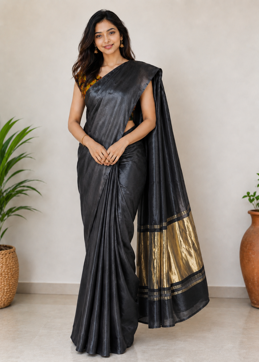 Plain Dyeing Modal Silk Golden Border Saree  - 5.5 Mtr Length + 0.85 Mtr Blouse Piece    -  SKU : 0071