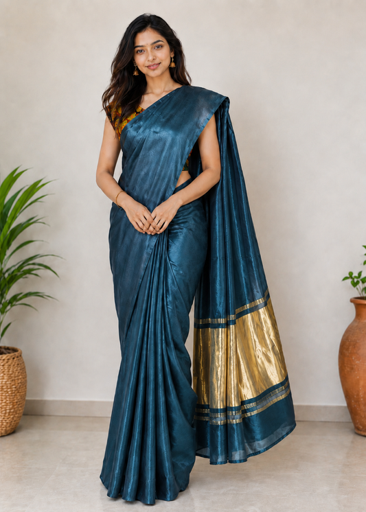 Plain Dyeing Modal Silk Plain Dyed Saree   with Golden Border  - 5.5 Mtr Length + 0.85 Mtr Blouse Piece    -  SKU : 0071