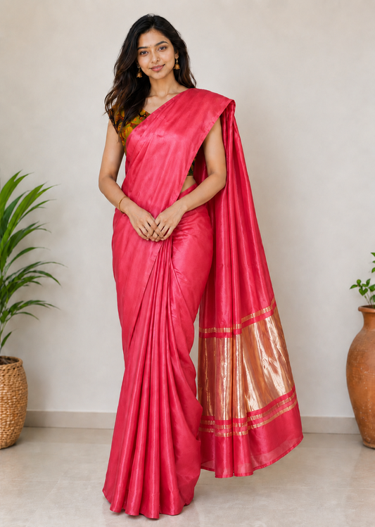 Plain Dyeing Modal Silk Golden Border Saree  - 5.5 Mtr Length + 0.85 Mtr Blouse Piece   -  SKU : 0071-PKGL