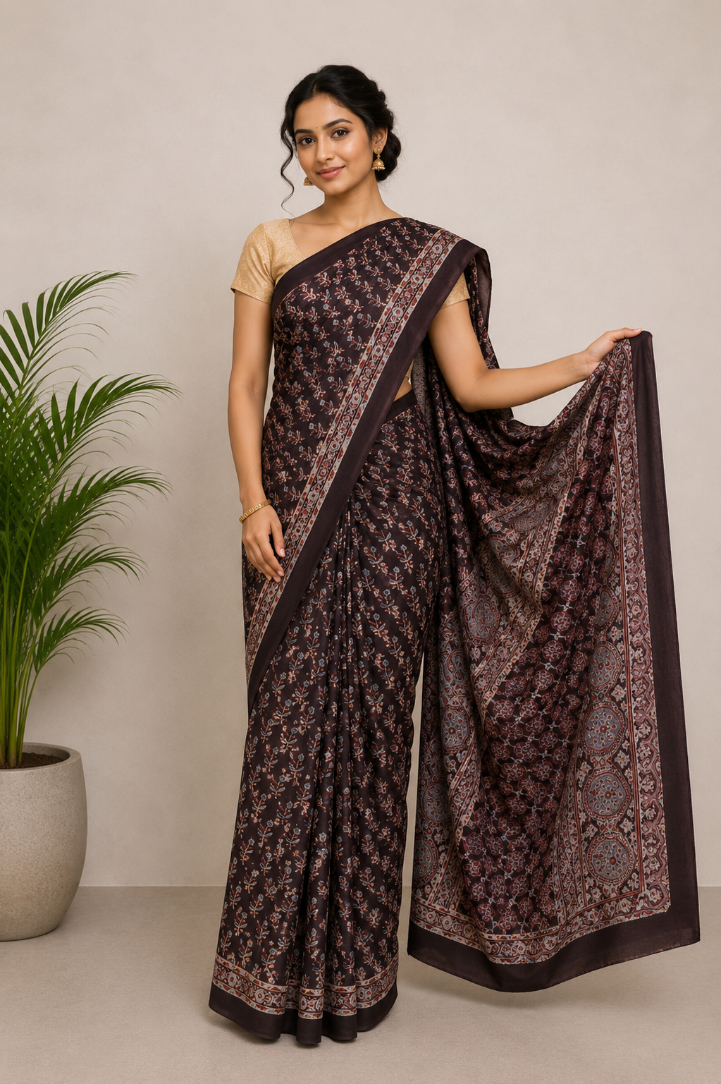 Ajrakh Mul Cotton Natural Dye Hand Block Print Saree  with Ajrakh Blouse Piece  - 5.5 Mtr Length + 0.85 Mtr Blouse Piece    -  SKU : ID14C02A