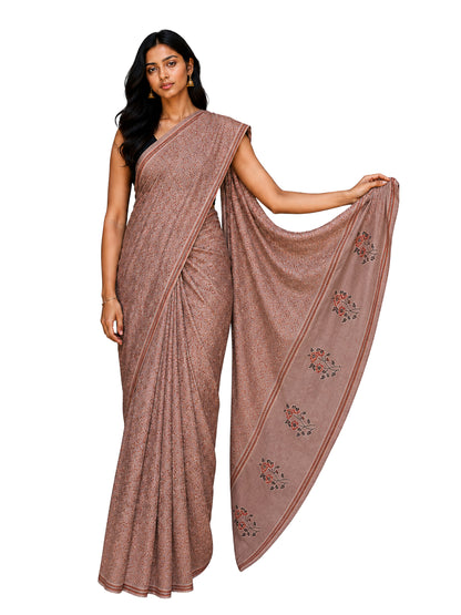 Ajrakh Mul Cotton Natural Dye Hand Block Print Saree  with Ajrakh Blouse Piece  - 5.5 Mtr Length + 0.85 Mtr Blouse Piece    -  SKU : ID14C02C